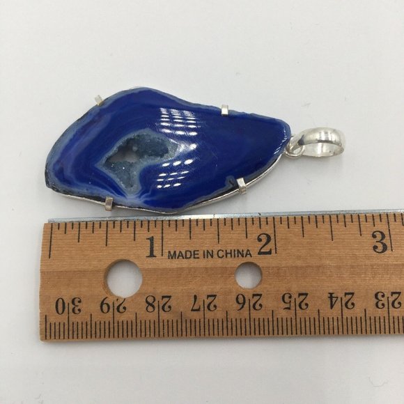 Gorgeous Blue AGATE SLICE Quartz Crystal GEODE Sterling Silver Set PENDANT, NEW - Picture 6 of 7
